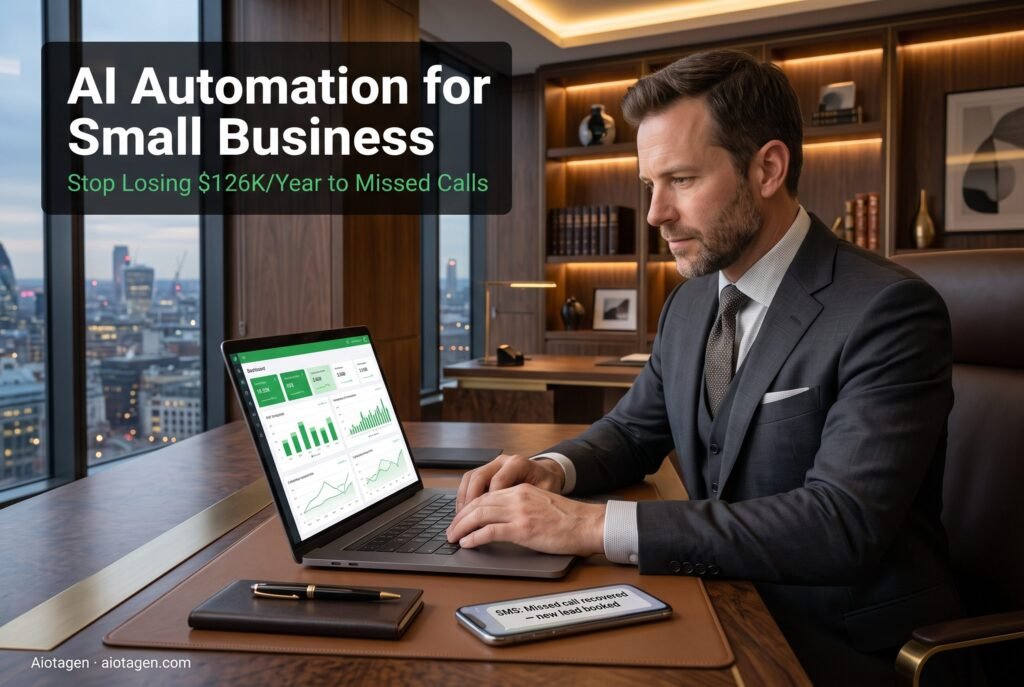 AI automation for small business USA showing business owner recovering missed calls with AI calling agent and text back automation — Aiotagen 2026