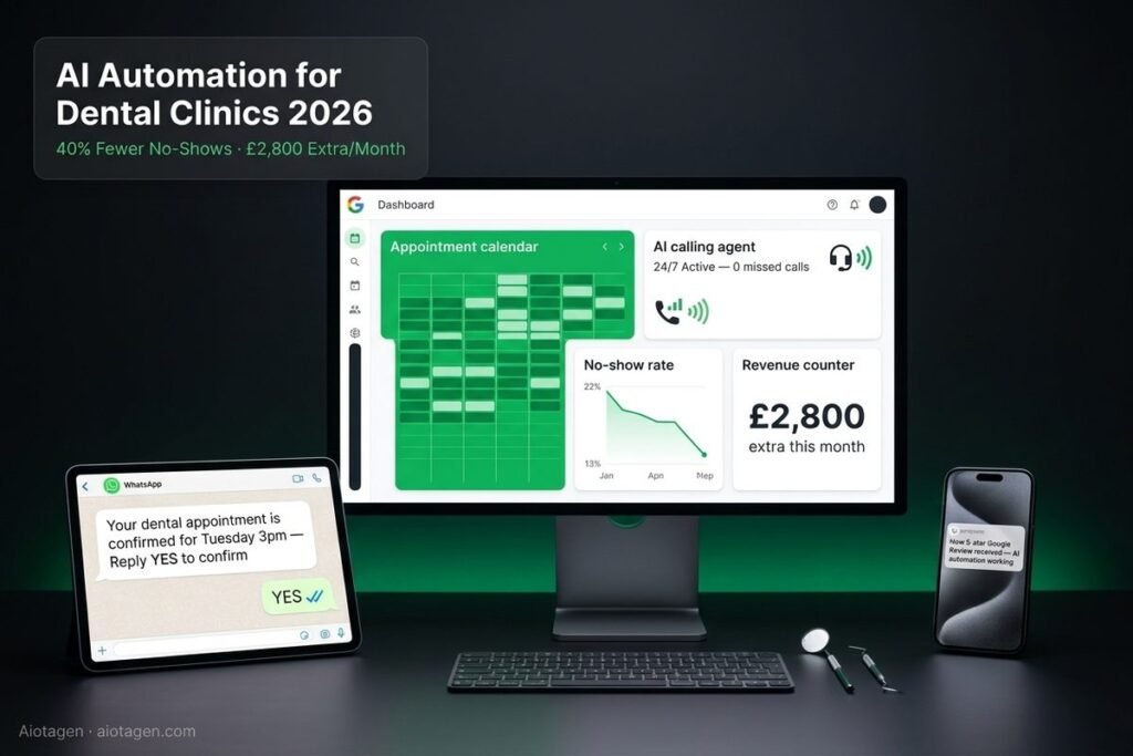 AI automation dental clinic 2026 showing appointment dashboard with 40% no-show reduction and £2,800 extra monthly revenue — Aiotagen