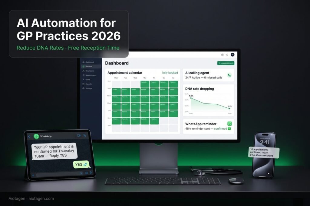 AI automation for GP practices 2026 showing appointment dashboard with reduced DNA rates and WhatsApp reminders — Aiotagen