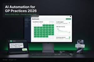AI automation for GP practices 2026 showing appointment dashboard with reduced DNA rates and WhatsApp reminders — Aiotagen