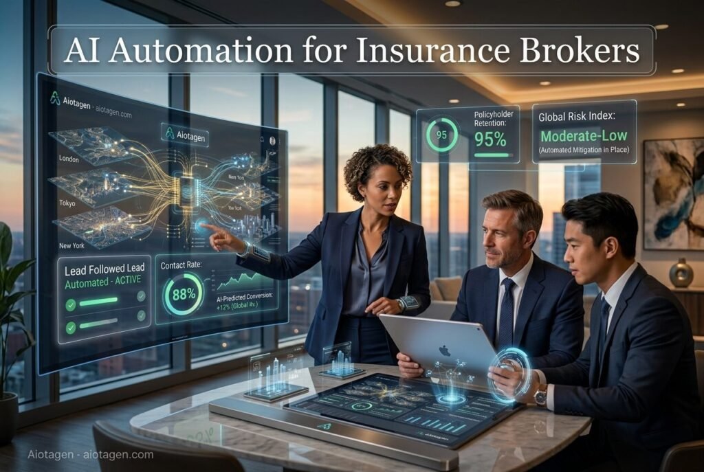 AI automation insurance brokers showing a professional UK advisor successfully qualifying leads โ Aiotagen 2026