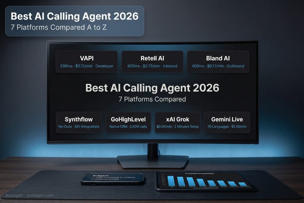 Best AI calling agent 2026 comparison showing VAPI, Retell AI, Bland AI, Synthflow, GoHighLevel, xAI Grok and Google Gemini platforms — Aiotagen