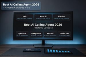 Best AI calling agent 2026 comparison showing VAPI, Retell AI, Bland AI, Synthflow, GoHighLevel, xAI Grok and Google Gemini platforms — Aiotagen