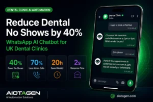 Dental clinic WhatsApp chatbot reducing no shows by 40% and automating patient bookings 24/7 — Aiotagen UK