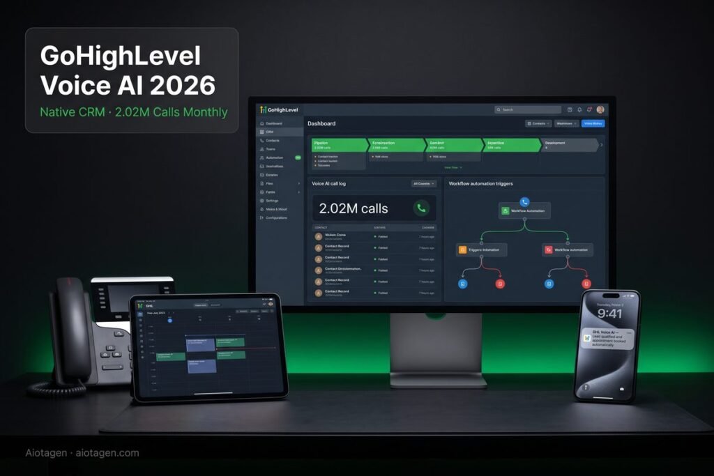 GoHighLevel Voice AI 2026 showing native CRM integration dashboard with 2.02M calls monthly — Aiotagen