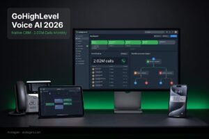 GoHighLevel Voice AI 2026 showing native CRM integration dashboard with 2.02M calls monthly — Aiotagen
