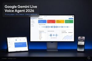 Google Gemini Live voice agent 2026 showing native Google brand dashboard with 70 language support and real-time analytics — Aiotagen