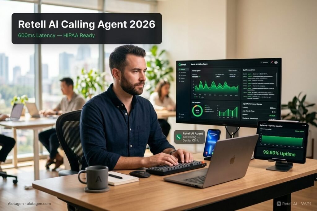 Retell AI calling agent 2026 showing voice agent dashboard with 600ms latency and HIPAA compliance — Aiotagen