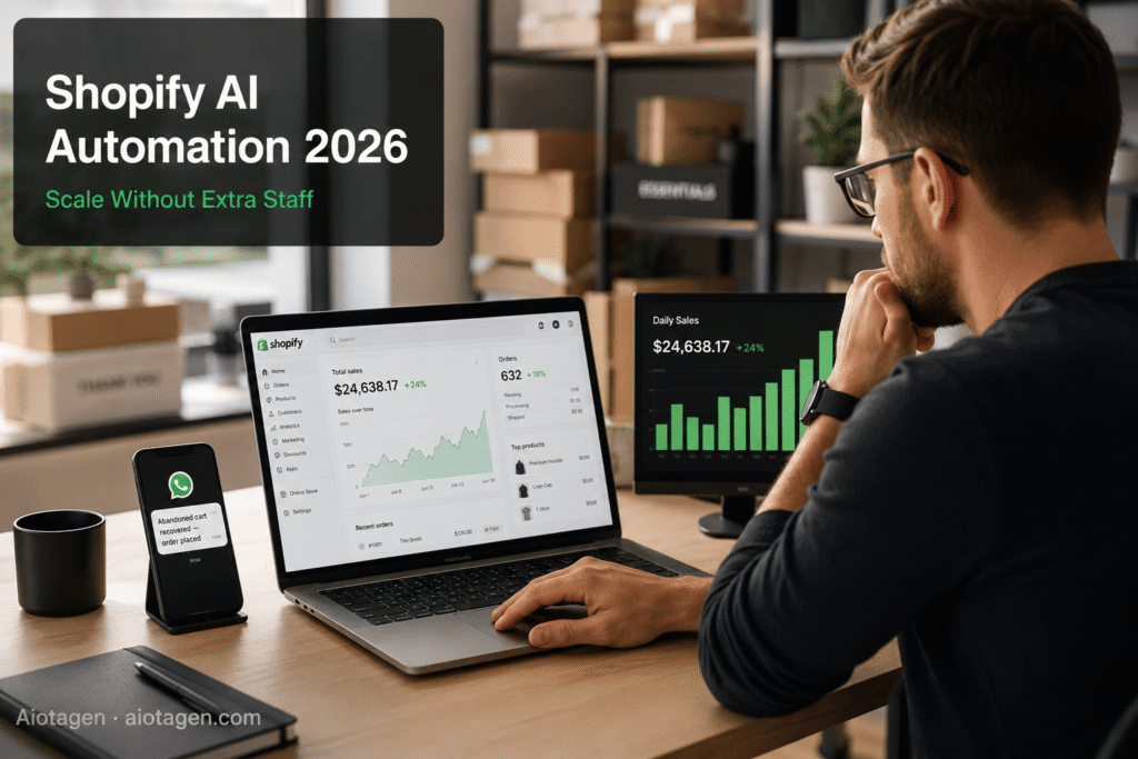Shopify AI automation 2026 showing abandoned cart recovery and order management dashboard — Aiotagen