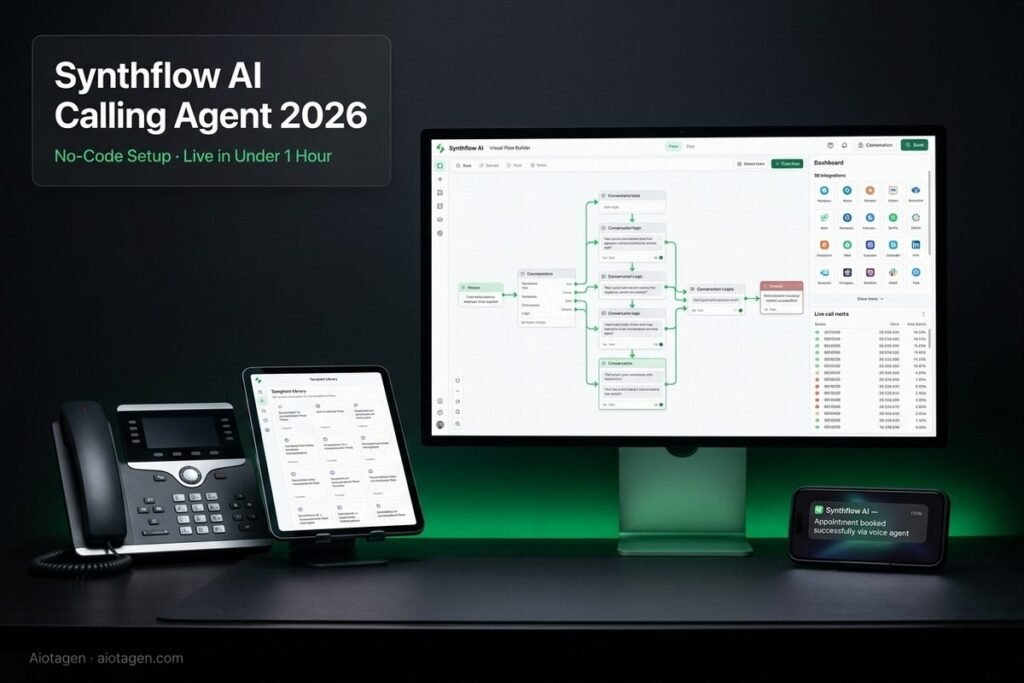 Synthflow AI calling agent 2026 showing no-code visual flow builder with 50+ integrations and live call dashboard — Aiotagen