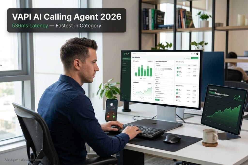 VAPI AI calling agent 2026 showing voice agent dashboard with 536ms latency and live call analytics — Aiotagen