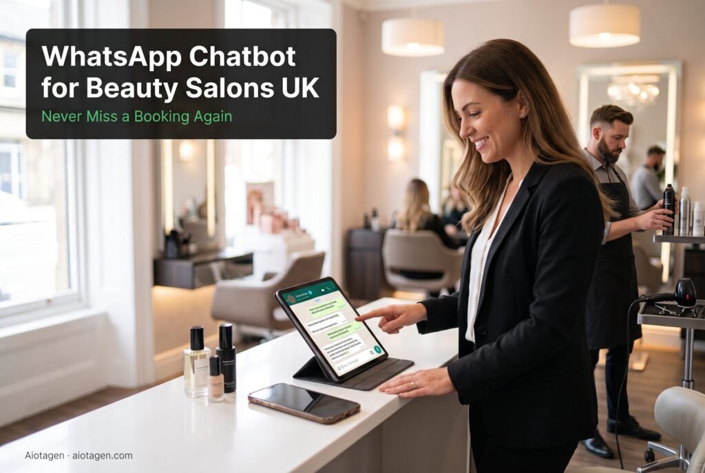 WhatsApp chatbot beauty salon UK showing automated booking confirmation and AI reminders — Aiotagen 2026