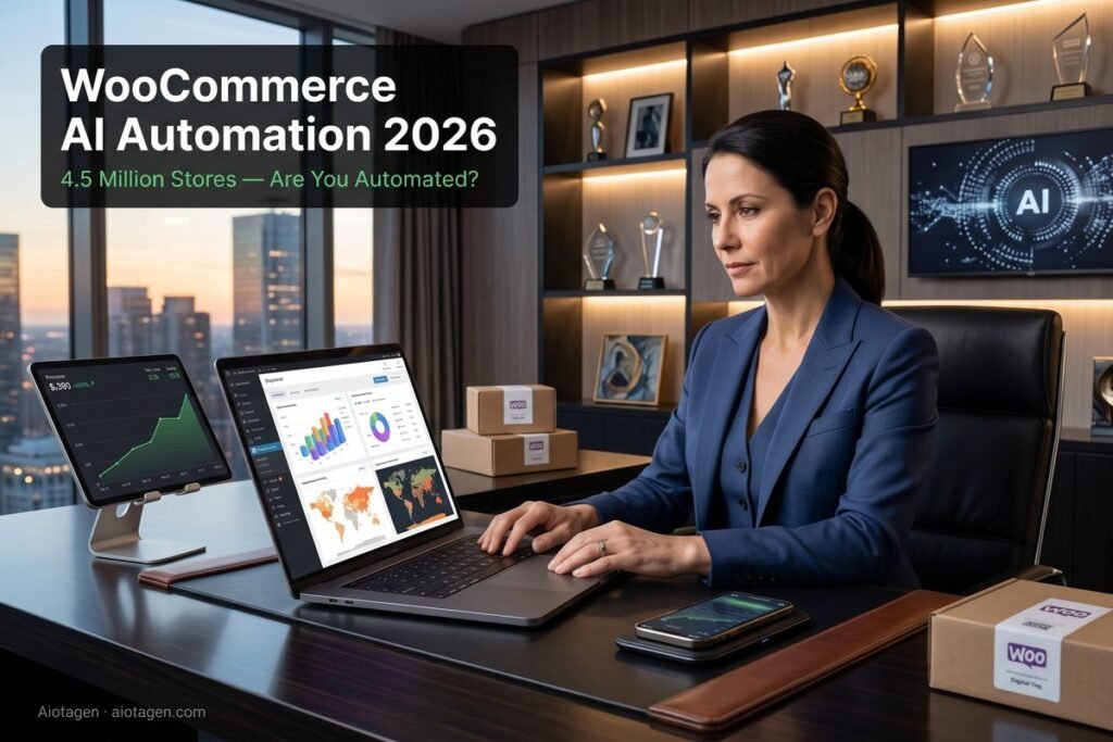 WooCommerce AI automation 2026 showing abandoned cart recovery and order management dashboard — Aiotagen