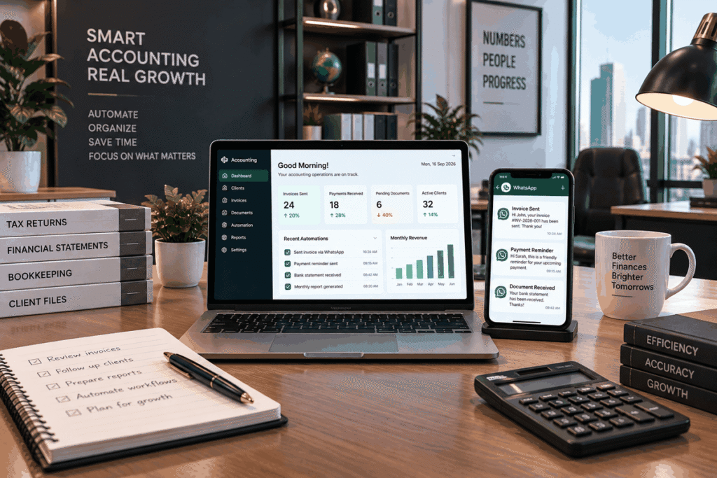 AI automation accountants 2026 showing document collection and WhatsApp deadline reminders — Aiotagen