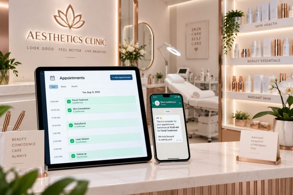 AI automation aesthetics clinic 2026 showing appointment reminders and treatment course tracking — Aiotagen