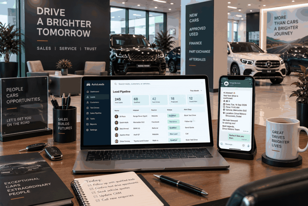 AI automation car dealership 2026 showing lead pipeline and WhatsApp test drive automation — Aiotagen