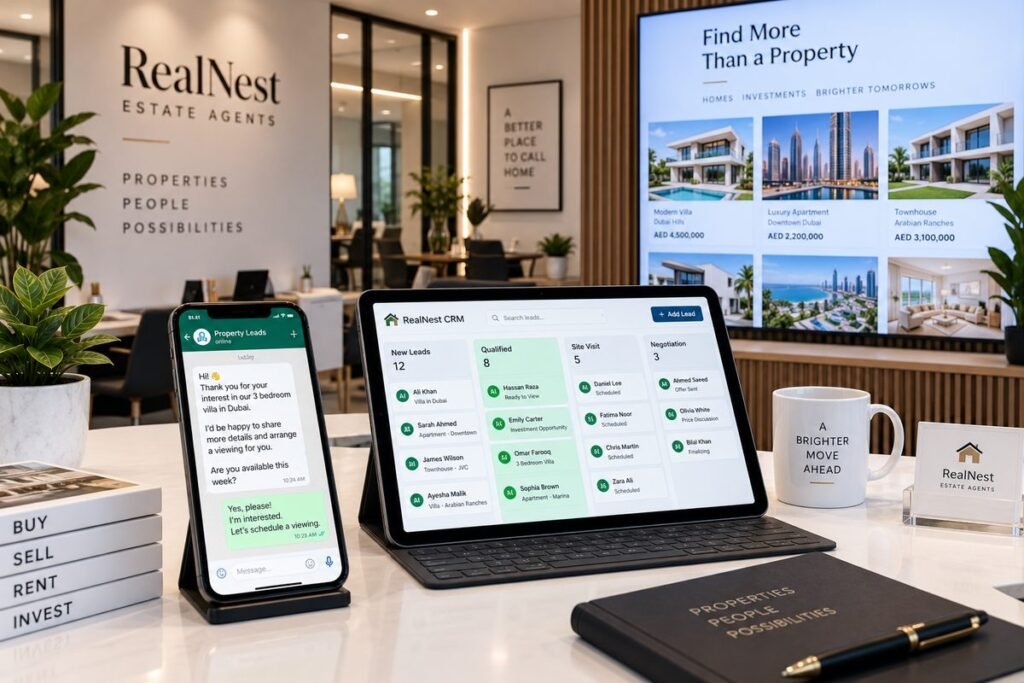 AI automation estate agents 2026 showing WhatsApp lead response and CRM pipeline management — Aiotagen