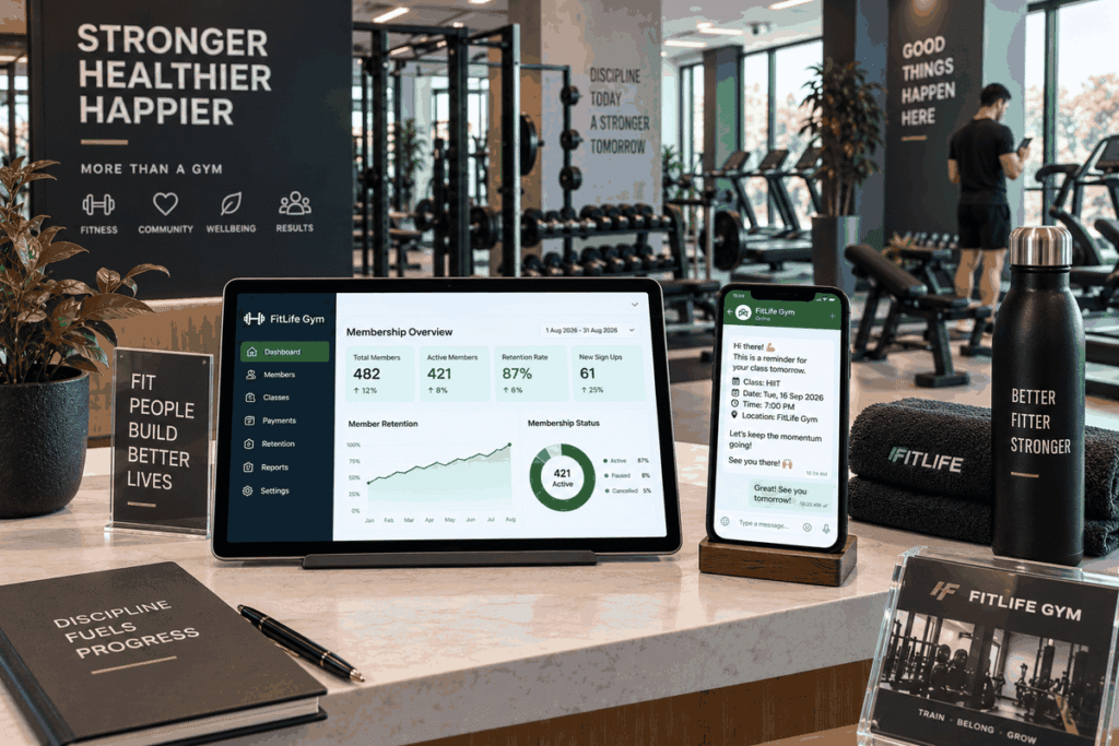 AI automation gym 2026 showing member retention dashboard and WhatsApp class reminders — Aiotagen