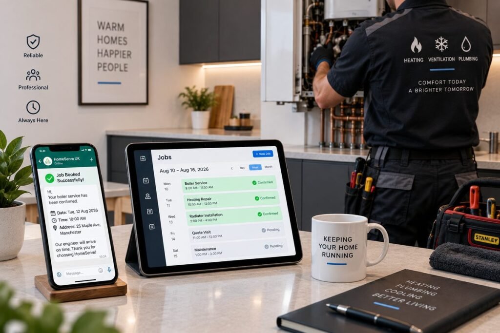 AI automation home services 2026 showing job booking and WhatsApp reminders for plumbers and HVAC — Aiotagen