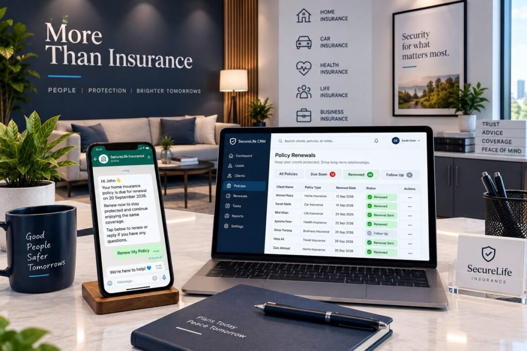 AI automation insurance agency 2026 showing renewal automation and WhatsApp reminders — Aiotagen
