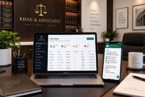 AI automation law firm 2026 showing client intake dashboard and WhatsApp document request — Aiotagen
