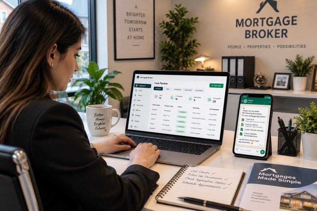 AI automation mortgage brokers 2026 showing case pipeline and WhatsApp document collection — Aiotagen