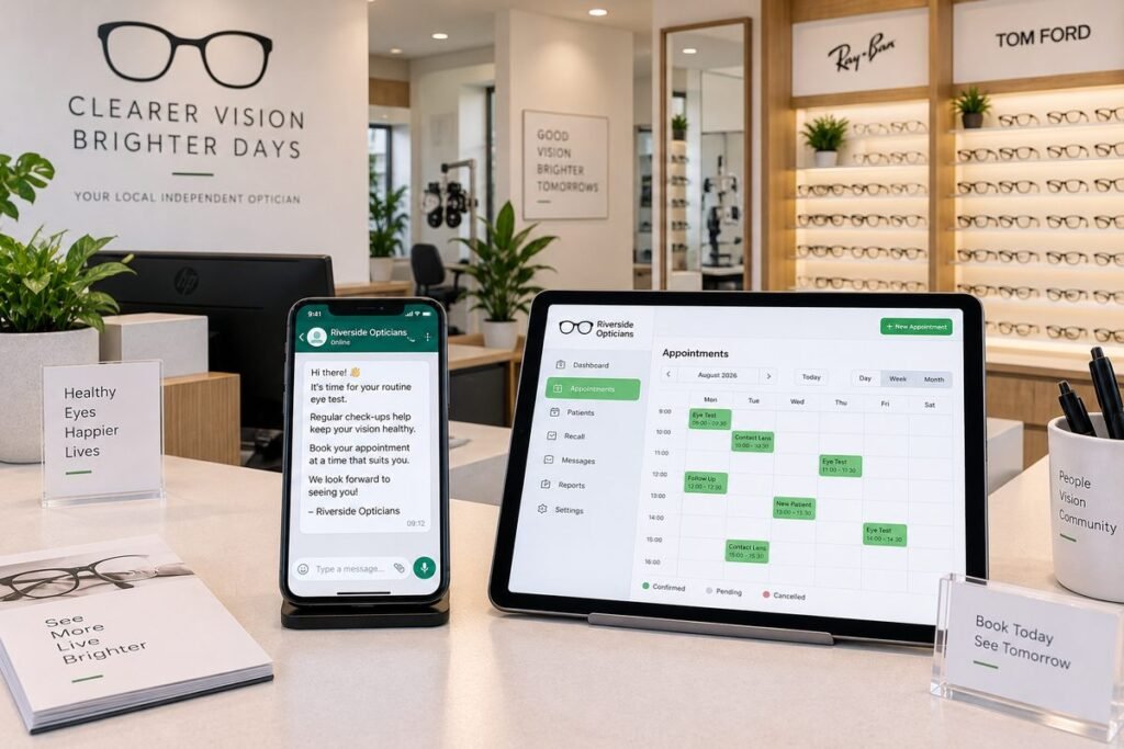 AI automation optician practice 2026 showing WhatsApp recalls and appointment calendar — Aiotagen