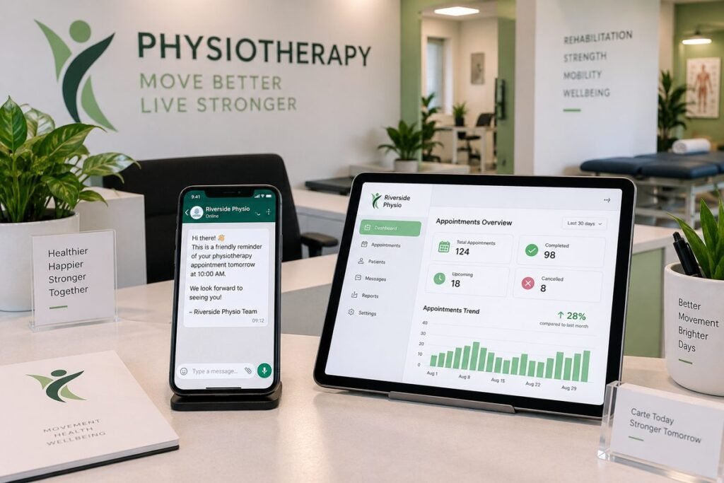 AI automation physiotherapy clinic 2026 showing appointment reminders and patient dashboard — Aiotagen
