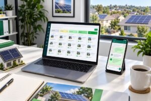 AI automation solar company 2026 showing lead pipeline dashboard and WhatsApp survey confirmation — Aiotagen