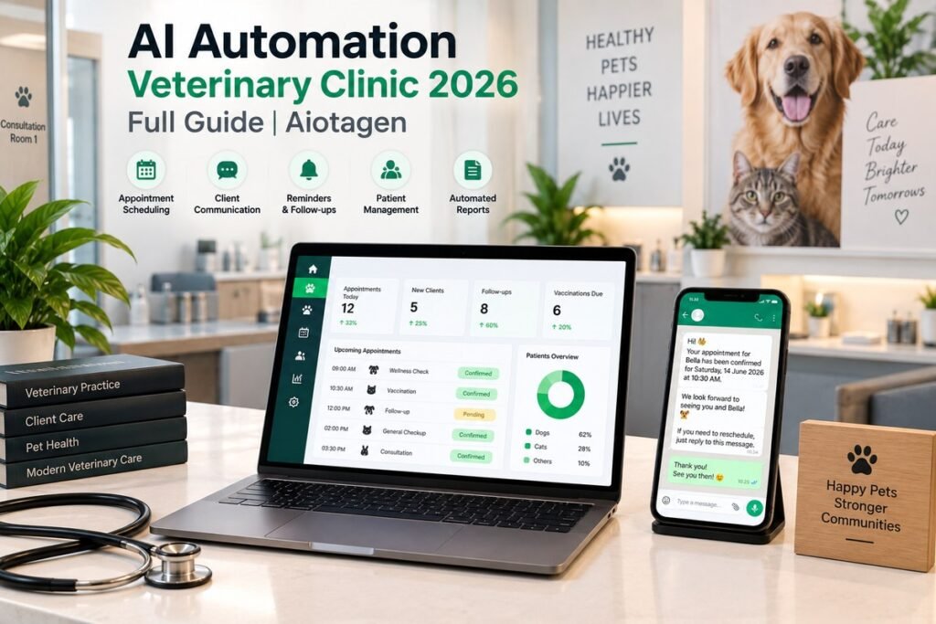 AI automation veterinary clinic 2026 showing appointment dashboard and WhatsApp vaccination reminder — Aiotagen